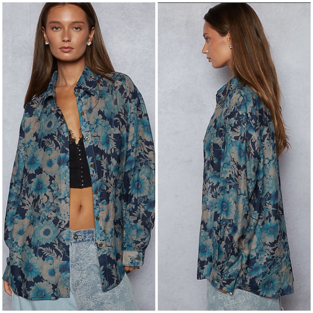 Floral Blue and Gray Button-Up Shirt - Picture 3 of 3